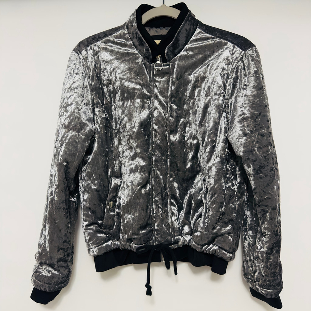 CI SONO Silver Crushed VELVET Soft QUILTED Y2K Bomber Jacket Coat WOMENS M